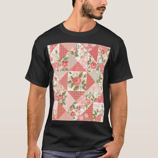 Roses Butterflies Seamless Patchwork T-Shirt (Front)