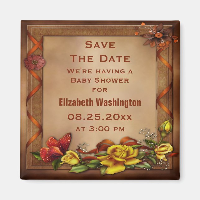 Roses & Butterfly Baby Shower Save the Date Magnet (Front)