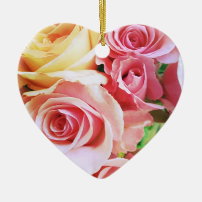 Roses closeup heart ceramic tree decoration (Front)