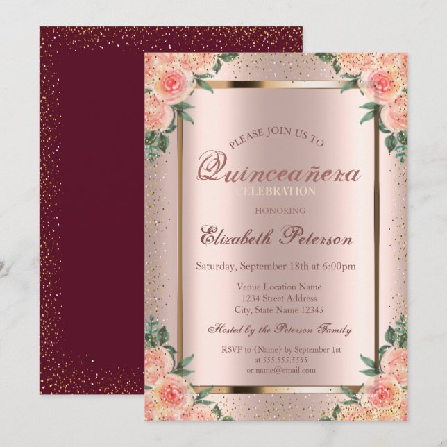 Roses Confetti Rose Gold,Burgundy  Quinceañera Invitation (Front/Back)