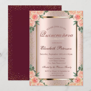 Roses Confetti Rose Gold,Burgundy  Quinceañera Invitation