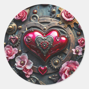 Roses, Copper Heart and Metal Gears Steampunk Classic Round Sticker