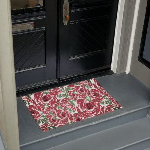 Roses Country red green vintage floral Doormat
