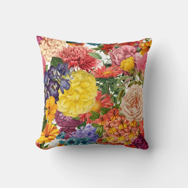 Roses, dahlia and marigold flower pattern cushion (Front)