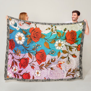 Roses Daisies Lace and Butterflies Vibrant Teal Fleece Blanket