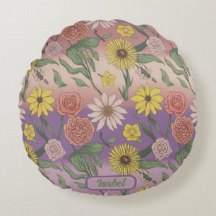 Roses, Daisies, Sunflowers And Lilies Round Cushion