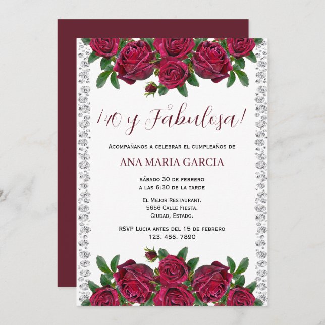 Roses & Diamonds Feminine 40th Birthday Spanish Invitation (Front/Back)