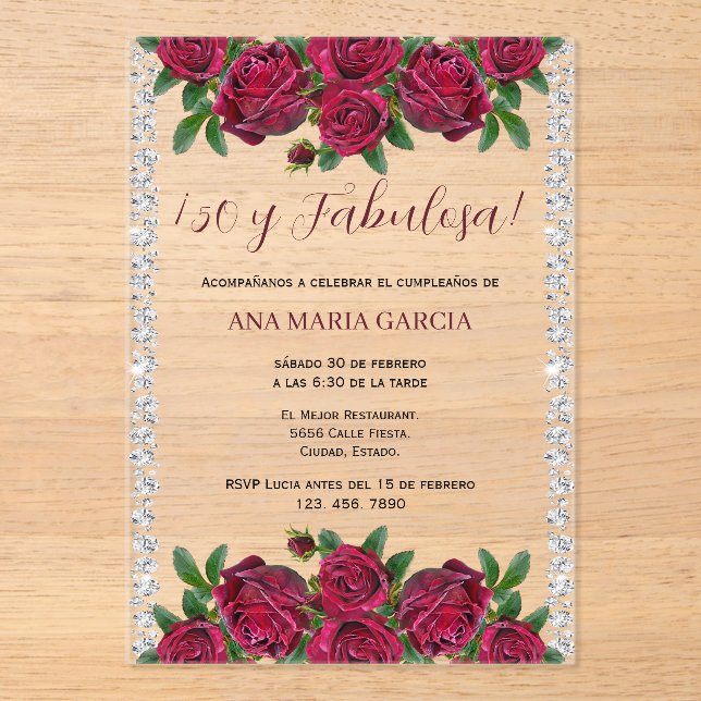 Roses & Diamonds Feminine 50th Birthday Spanish Acrylic Invitations (Front)
