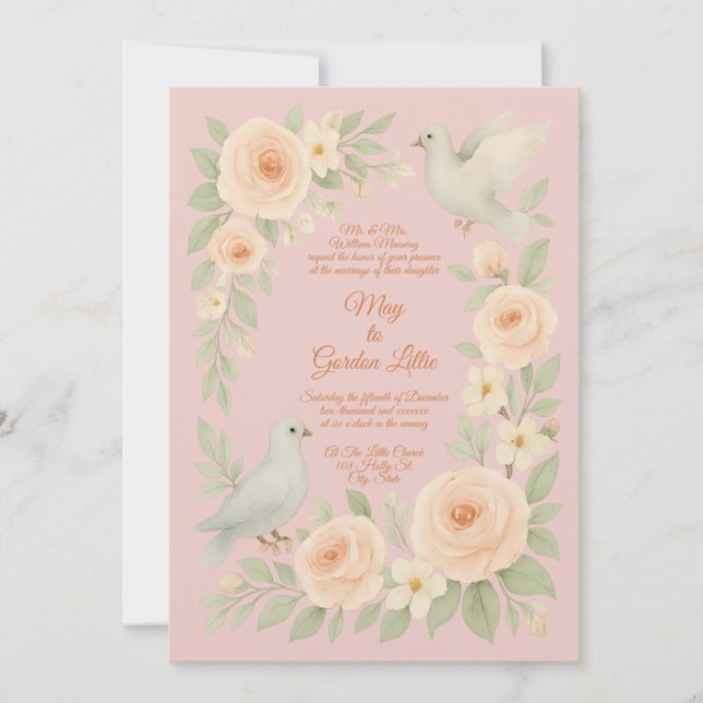 Roses & Doves Watercolor Style Wedding Invitation (Front)