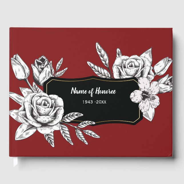 Roses Drawing on Red Memorial Guest Book (Front)