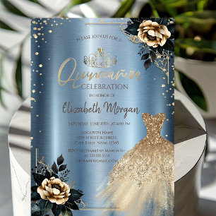Roses Dress,Diamonds Blue Metallic Quinceañera Invitation