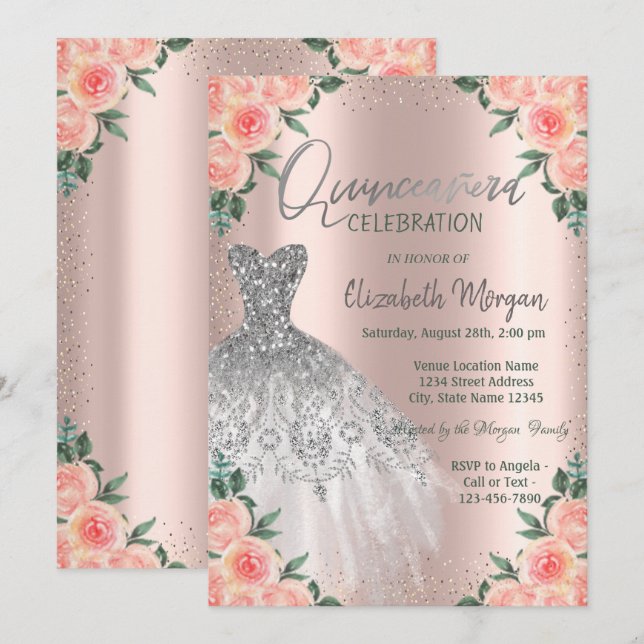 Roses,Dress,Flowers,Rose Gold Quinceañera Invitation (Front/Back)