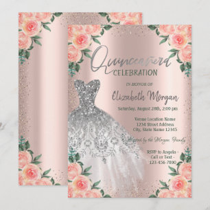 Roses,Dress,Flowers,Rose Gold Quinceañera Invitation