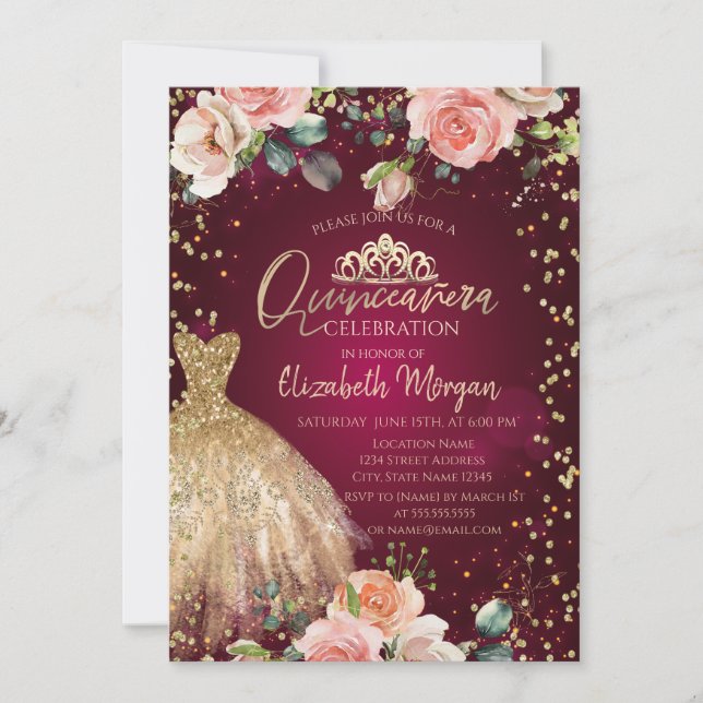 Roses, Dress Tiara,Diamonds Burgundy Quinceañera Invitation (Front)