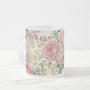 Roses Dusty Rose Charming Artistic Sage Green Gold Frosted Glass Coffee Mug