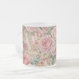 Roses Dusty Rose Elegant Charm Sage Green Gold Frosted Glass Coffee Mug