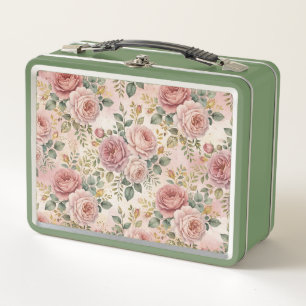 Roses Dusty Rose Elegant Charm Sage Green Gold Metal Lunch Box