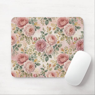 Roses Dusty Rose Elegant Charm Sage Green Gold Mouse Mat