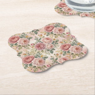 Roses Dusty Rose Elegant Charm Sage Green Gold Paper Coaster