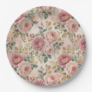Roses Dusty Rose Elegant Charm Sage Green Gold Paper Plate