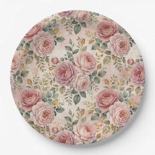 Roses Dusty Rose Elegant Charm Sage Green Gold Paper Plate