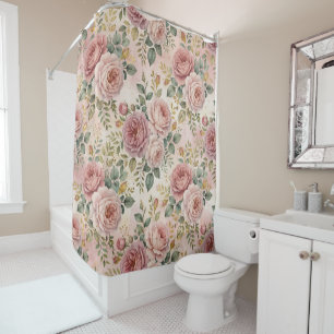 Roses Dusty Rose Elegant Charm Sage Green Gold Shower Curtain