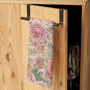 Roses Dusty Rose Elegant Charm Sage Green Gold Tea Towel