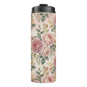 Roses Dusty Rose Elegant Charm Sage Green Gold Thermal Tumbler