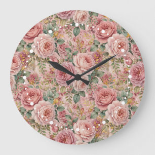 Roses Dusty Rose Sage Green Gold Rustic Charm Large Clock