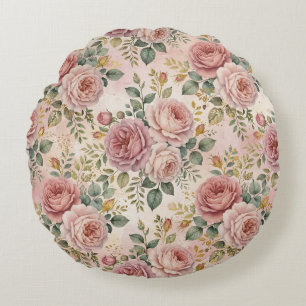 Roses Dusty Rose Sage Green Gold Rustic Charm Round Cushion