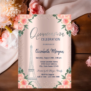 Roses,Eiffel Tower,Flowers,Rose Gold Quinceañera Invitation