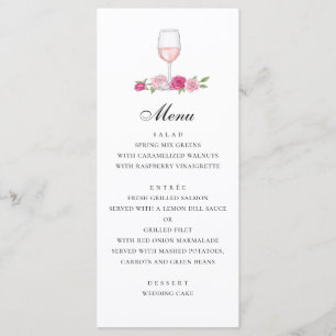 Roses. Elegant pink floral wedding. Glass of wine Menu