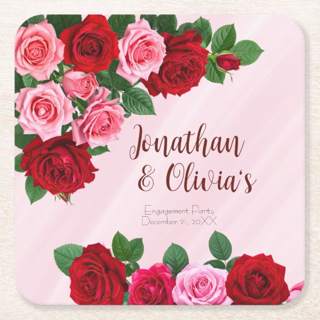 Roses Engagement Party Square Paper Coaster (Front)