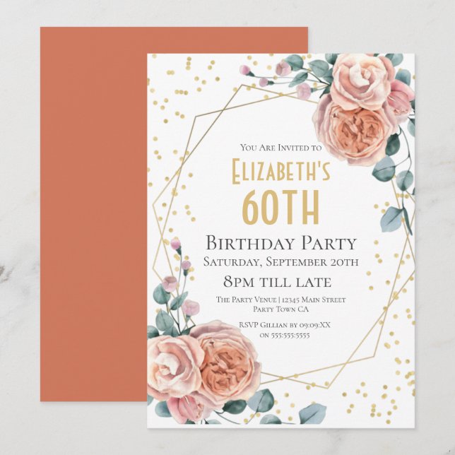 Roses & Eucalyptus Floral 60th Birthday Party   Invitation (Front/Back)