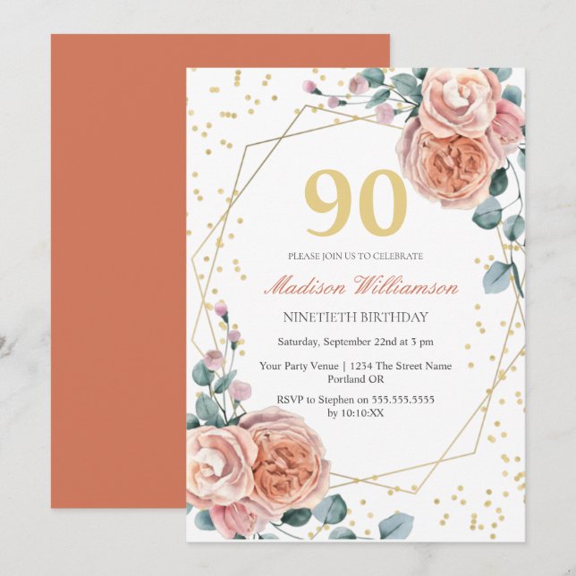 Roses & Eucalyptus Floral 90th Birthday Party Invi Invitation (Front/Back)