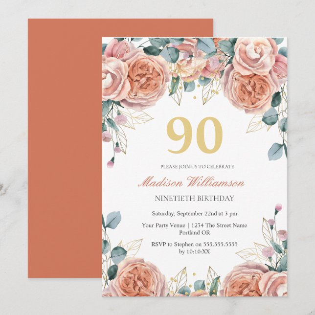 Roses & Eucalyptus Floral 90th Birthday Party Invitation (Front/Back)