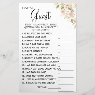 Roses Find the Guest Bridal shower game card