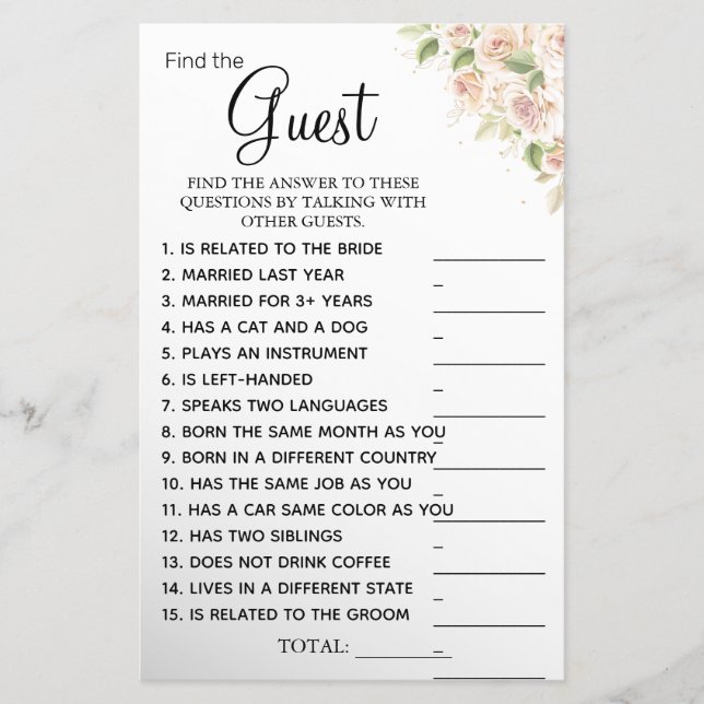 Roses Find the Guest Bridal shower game card (Front)