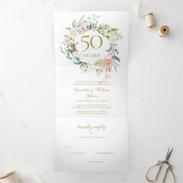 Roses Floral 50th Golden Anniversary Wedding Photo Tri-Fold Invitation (Inside)