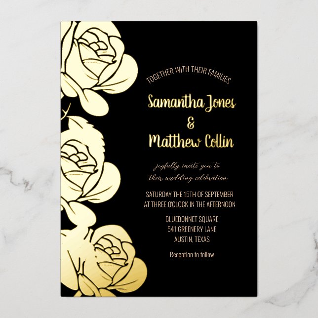 Roses Floral Boho Black Gold Foil Wedding (Front)