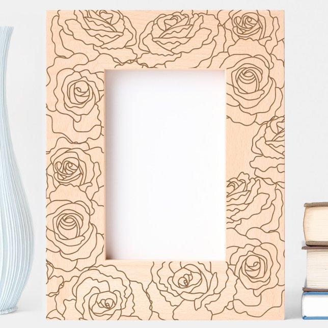 Roses Floral Botanical Etched Frames (Modern roses botanical line art etched wooden photo frame)