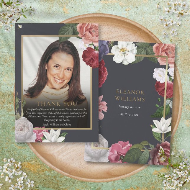 Roses Floral Celebration of Life Funeral Photo  Thank You Card (Roses Floral Celebration of Life Funeral Photo Thank You Card)