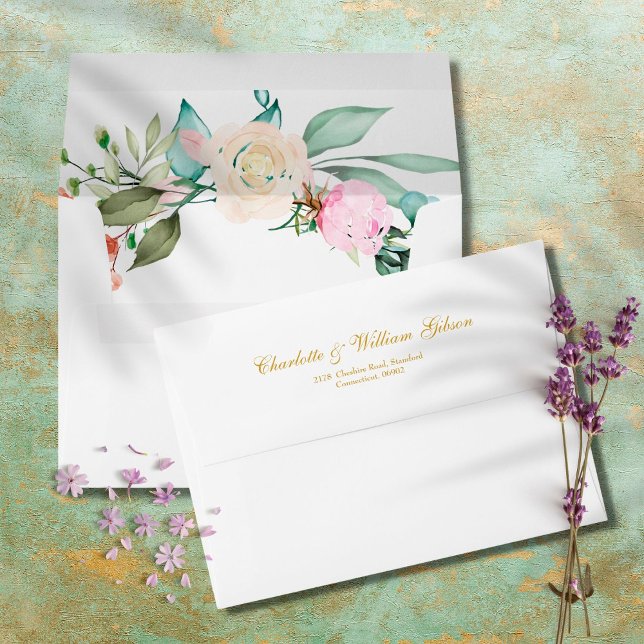 Roses Floral Chic Gold Script Wedding Name Address Envelope (Creator Uploaded)