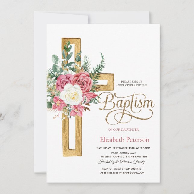 Roses Floral Cross,Dotted Baptism Invitation (Front)