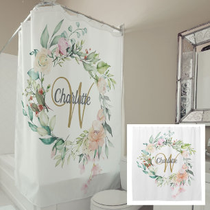 Roses Floral Elegant Gold Script Monogram Shower Curtain