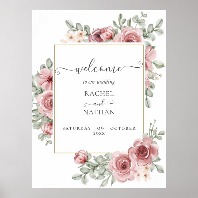 Roses Floral Elegant Modern Wedding Welcome Sign (Front)