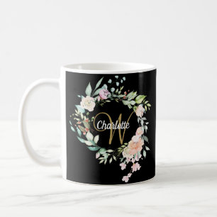 Roses Floral Elegant Script Monogram Gold Black Coffee Mug