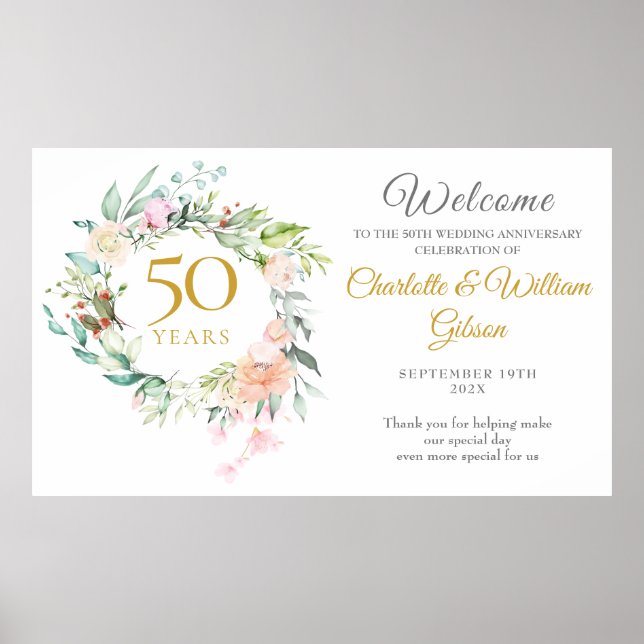 Roses Floral Garland 50th Anniversary Welcome Sign (Front)