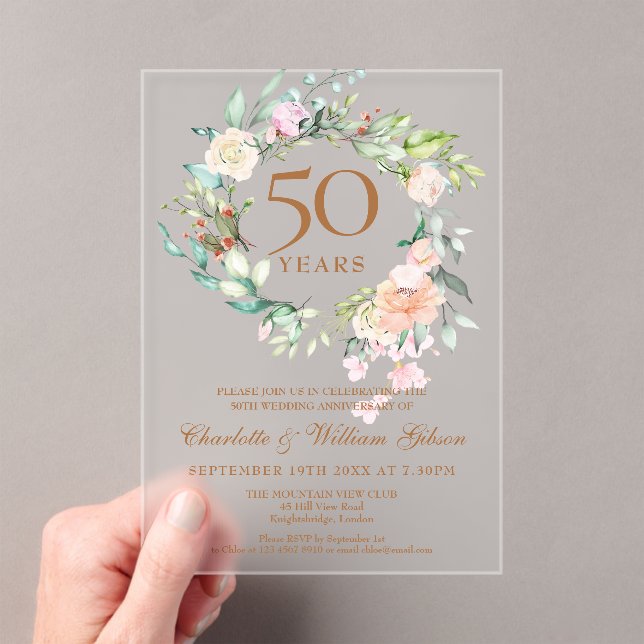Roses Floral Garland 50th Wedding Anniversary Acrylic Invitations (Insitu (Handheld))