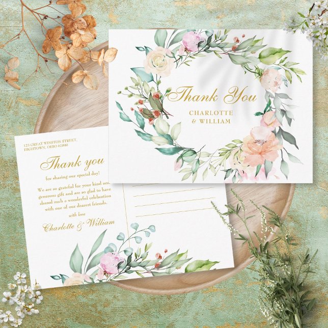 Roses Floral Garland Gold Script Thank You Postcard (Roses Floral Garland Gold Script Thank You Postcard)